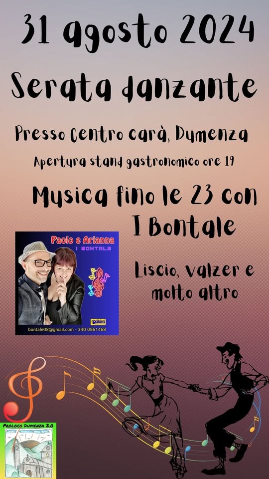 Evento Serata Danzante – Dumenza Locandina Serata Danzante – Dumenza - sabato 31 agosto ore 19:00 - 23:00