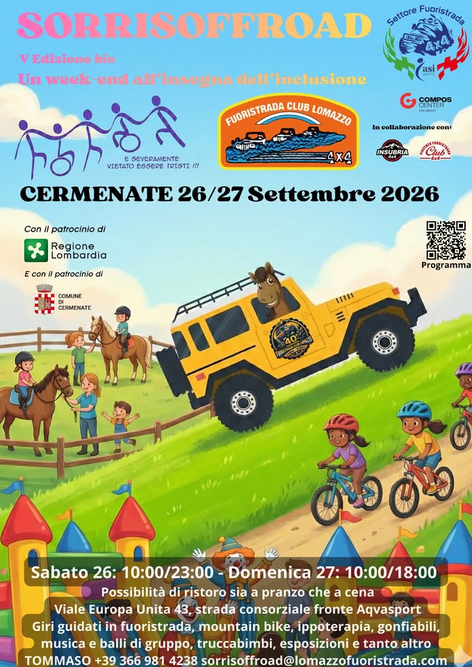 Evento SORRISOFFROAD 2026 – Fuoristrada Club Lomazzo Locandina SORRISOFFROAD 2026 – Fuoristrada Club Lomazzo - da sabato 26 settembre - domenica 27 settembre 2026 ore 10:00 ore 18:00
