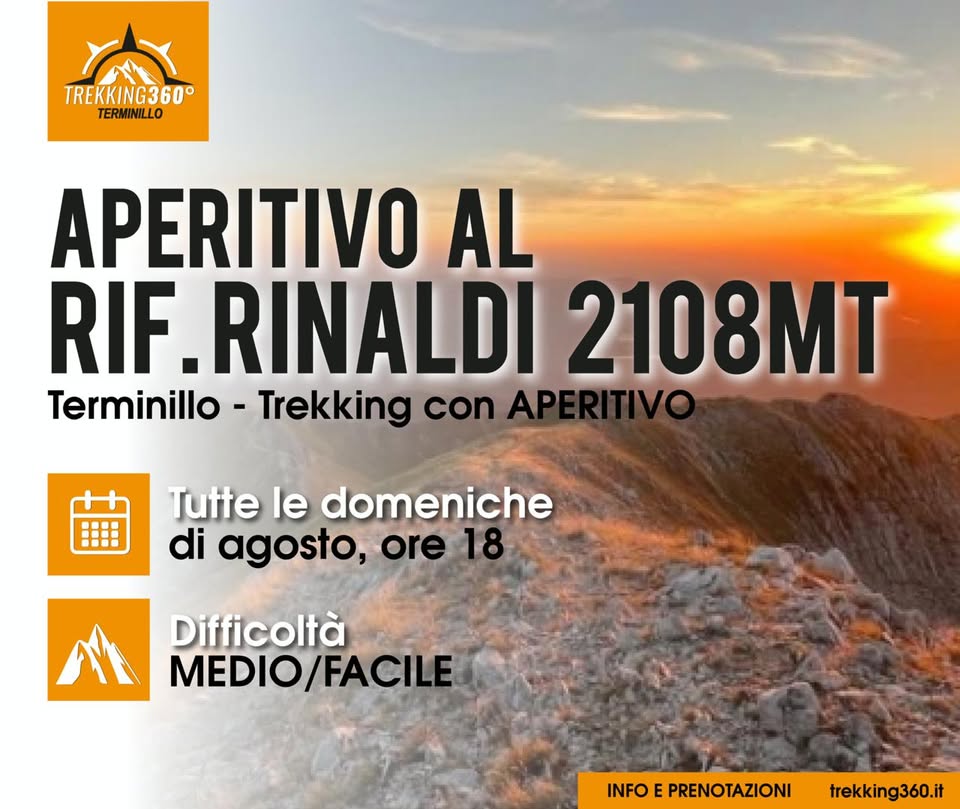 Evento Terminillo, trekking al tramonto con aperitivo al Rifugio Rinaldi Locandina Terminillo, trekking al tramonto con aperitivo al Rifugio Rinaldi - da domenica 9 agosto - domenica 30 agosto 2026 ore 18:00 ore 22:00