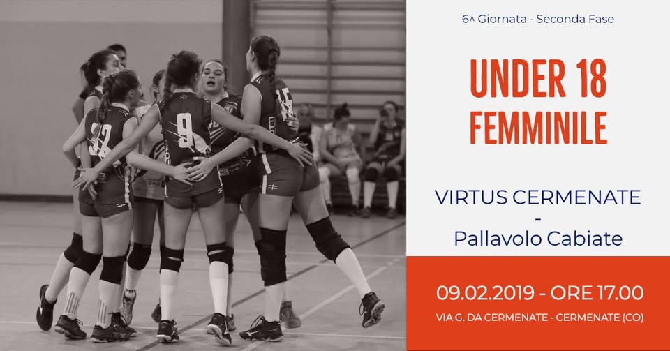 Evento U18f Virtus Cermenate – Pallavolo Cabiate Locandina U18f Virtus Cermenate – Pallavolo Cabiate - sabato 9 febbraio ore 17:00 - 19:00