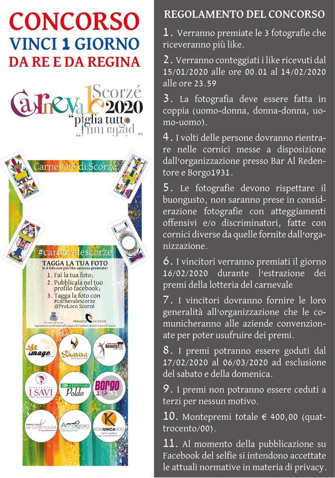 Evento Vinci 1 giorno da Re e Regina al Carnevale di Scorzè Locandina Vinci 1 giorno da Re e Regina al Carnevale di Scorzè - da giovedì 16 gennaio - venerdì 14 febbraio 2020 ore 00:00 ore 23:59