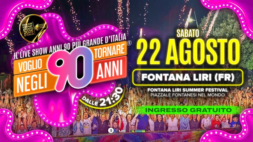Evento Voglio Tornare Negli Anni 90 r – Fontana Liri (FR) Locandina Voglio Tornare Negli Anni 90 r – Fontana Liri (FR) - sabato 22 agosto ore 21:30 - 23:30