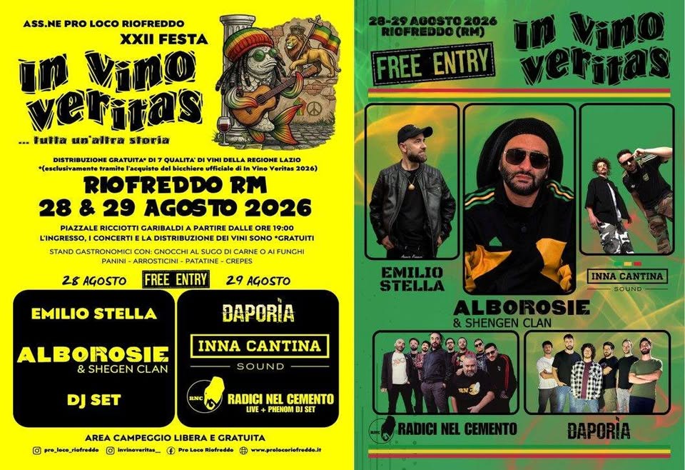 Evento XXII Festa In Vino Veritas Locandina XXII Festa In Vino Veritas - da venerdì 28 agosto - sabato 29 agosto 2026 ore 19:00 ore 23:45