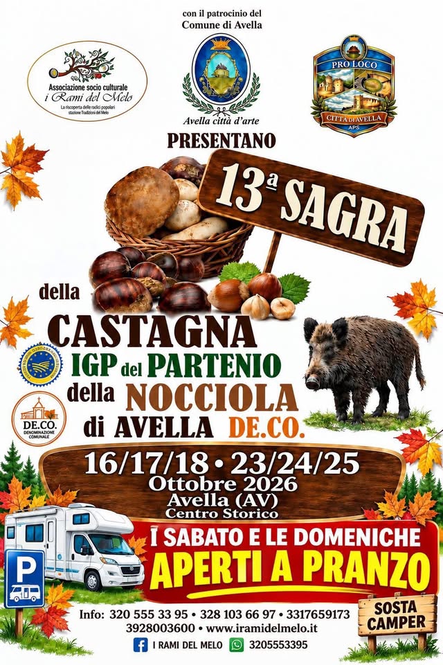 Evento 13a Sagra della castagna IGP e della nocciola del Partenio Locandina 13a Sagra della castagna IGP e della nocciola del Partenio - da venerdì 23 ottobre - domenica 25 ottobre 2026 ore 11:00 ore 23:00
