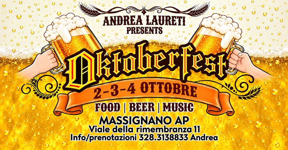 Evento 1o Oktoberfest a Massignano dal 2 al 4 Ottobre 2026 Locandina 1o Oktoberfest a Massignano dal 2 al 4 Ottobre 2026 - da venerdì 2 ottobre - domenica 4 ottobre 2026 ore 18:00 ore 22:00