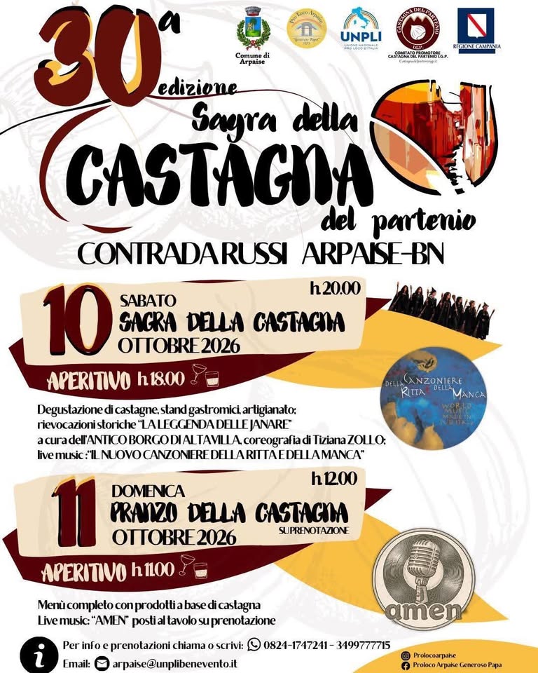 Evento 30a Sagra della Castagna del Partenio Locandina 30a Sagra della Castagna del Partenio - da sabato 10 ottobre - domenica 11 ottobre 2026 ore 16:00 ore 23:00