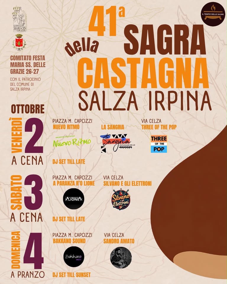 Evento 41a Sagra della Castagna Salza Irpina (AV) Locandina 41a Sagra della Castagna Salza Irpina (AV) - da venerdì 2 ottobre - domenica 4 ottobre 2026 ore 16:00 ore 23:55