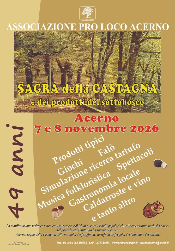 Evento 49a Sagra della Castagna e dei prodotti del sottobosco Locandina 49a Sagra della Castagna e dei prodotti del sottobosco - da sabato 7 novembre - domenica 8 novembre 2026 ore 10:00 ore 23:00