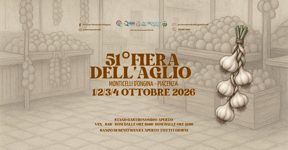 Evento 51esima fiera dell’aglio Locandina 51esima fiera dell’aglio - da giovedì 1 ottobre - domenica 4 ottobre 2026 ore 21:00 ore 23:30