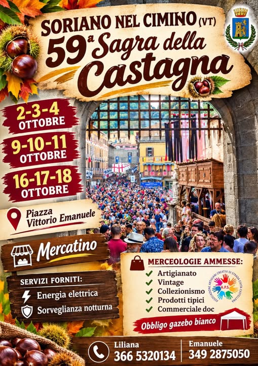Evento 59° Sagra Della Castagna – Soriano Nel Cimino (VT) Locandina 59° Sagra Della Castagna – Soriano Nel Cimino (VT) - da venerdì 2 ottobre - domenica 4 ottobre 2026 ore 08:00 ore 20:30