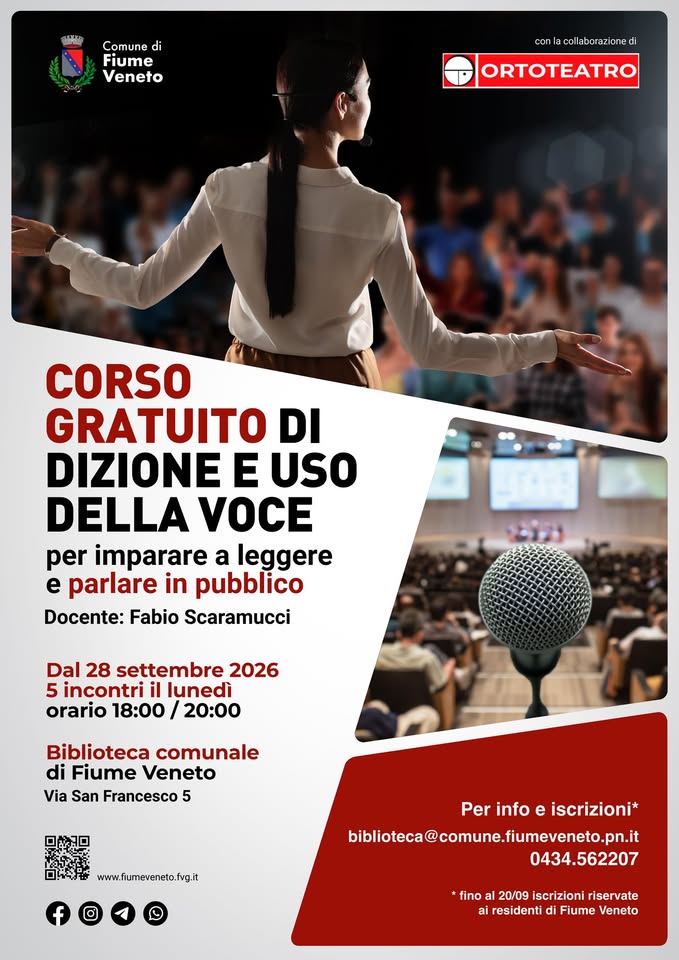Evento A Fiume Veneto Corso Di Dizione Ed Uso Della Voce Locandina A Fiume Veneto Corso Di Dizione Ed Uso Della Voce - lunedì 28 settembre ore 18:00 - 20:00