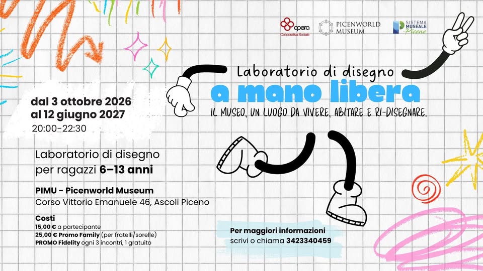 Evento A mano libera Laboratorio di disegno dai 6 ai 13 anni Locandina A mano libera Laboratorio di disegno dai 6 ai 13 anni - da sabato 3 ottobre 2026 - sabato 19 giugno 2027 ore 20:00 ore 22:00