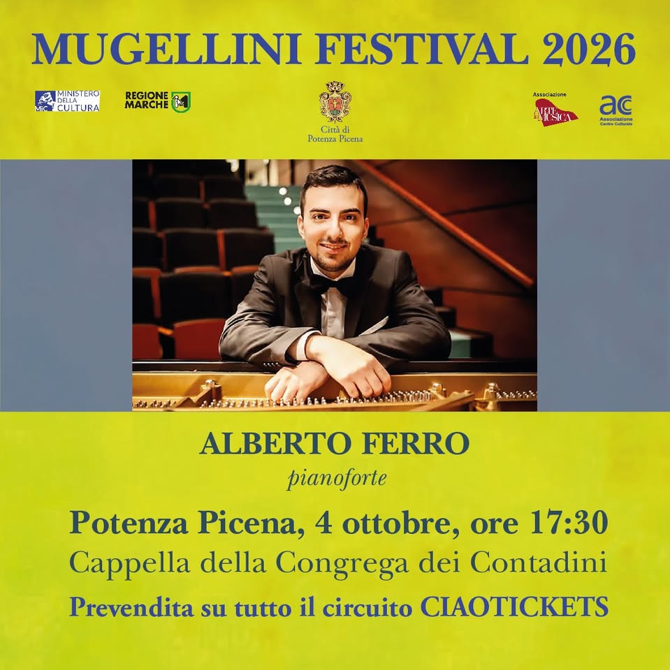 Evento Alberto Ferro piano recital – Concerto apertura Mugellini Festival 2026 Locandina Alberto Ferro piano recital – Concerto apertura Mugellini Festival 2026 - domenica 4 ottobre ore 17:30 - 19:30