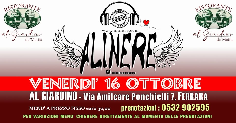Evento Alinere Cena Live Al Giardino – Ferrara Locandina Alinere Cena Live Al Giardino – Ferrara - venerdì 16 ottobre ore 21:30 - 23:30