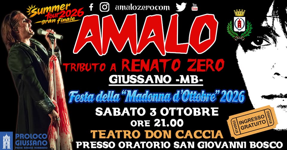 Evento AMALO – Renato Zero tribute – Teatro Don Caccia – Giussano (MB) Locandina AMALO – Renato Zero tribute – Teatro Don Caccia – Giussano (MB) - sabato 3 ottobre ore 21:00 - 23:00