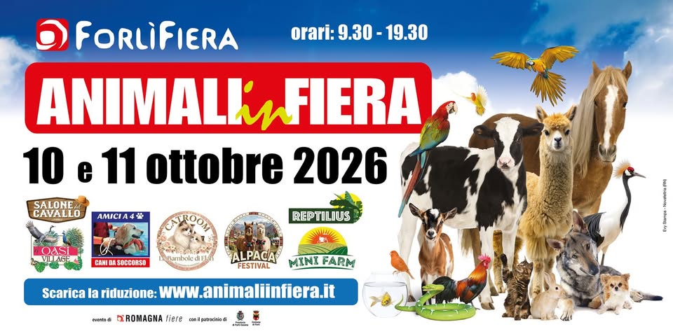Evento Animali in Fiera – 17a edizione Locandina Animali in Fiera – 17a edizione - da sabato 10 ottobre - domenica 11 ottobre 2026 ore 09:30 ore 19:30