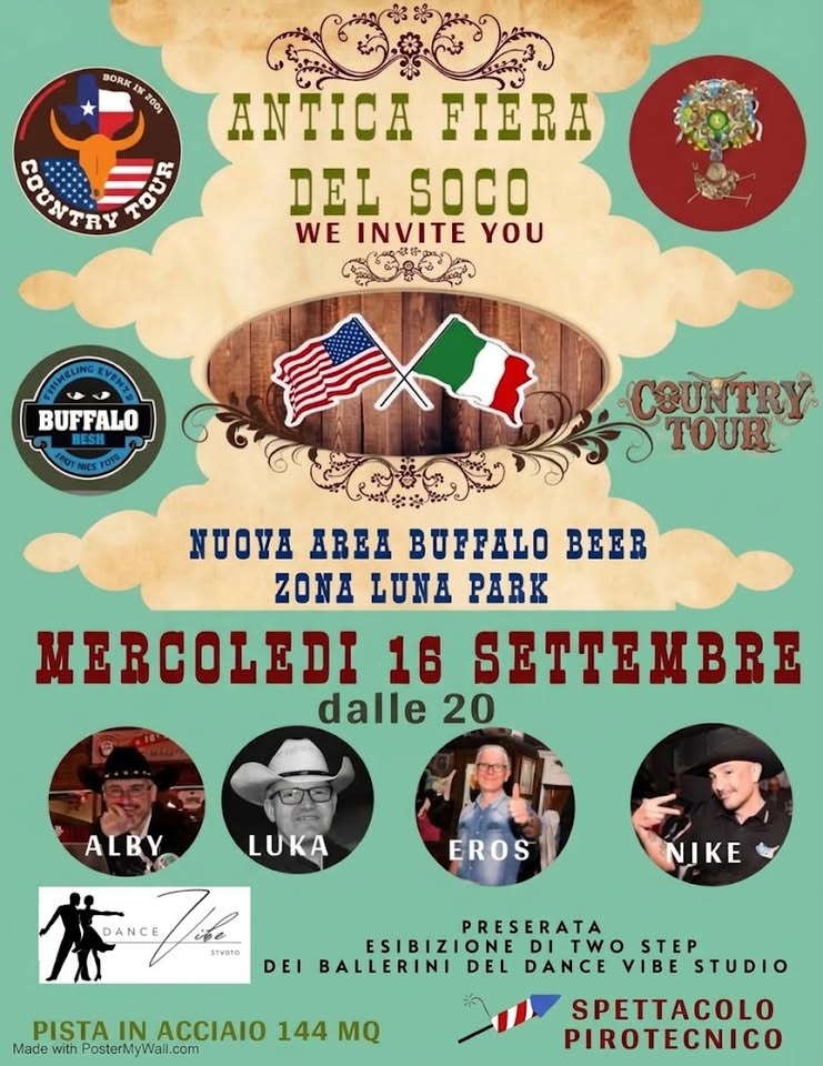 Evento Antica Fiera del Soco – Country Tour 2026 25° anno Locandina Antica Fiera del Soco – Country Tour 2026 25° anno - mercoledì 16 settembre ore 20:00 - 23:30