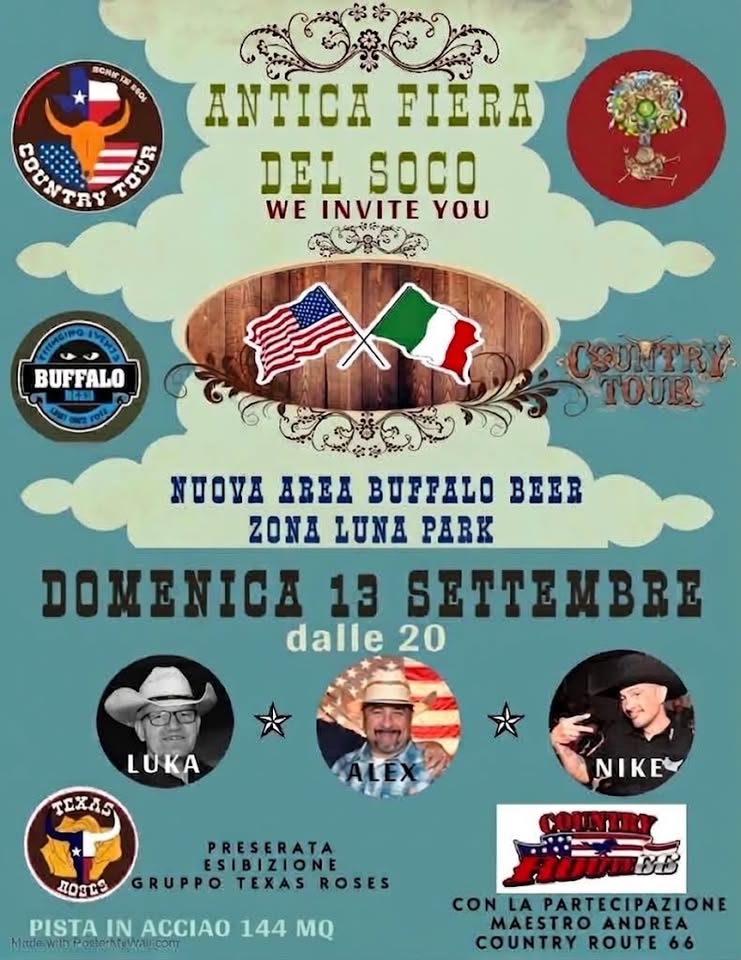 Evento Antica Fiera del Soco – Country Tour 2026 25° anno Locandina Antica Fiera del Soco – Country Tour 2026 25° anno - domenica 13 settembre ore 20:00 - 23:45