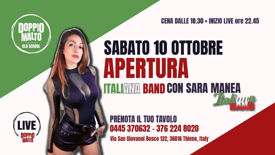 Evento Apertura Italiana Band Con Sara Manea Music & Food Locandina Apertura Italiana Band Con Sara Manea Music & Food - sabato 10 ottobre ore 22:45 - 01:00