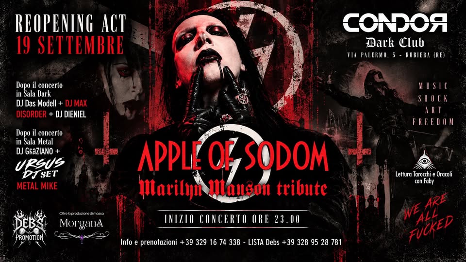 Evento Apple Of Sodom – Marilyn Manson Tribute @Riapertura Condor Dark Club Locandina Apple Of Sodom – Marilyn Manson Tribute @Riapertura Condor Dark Club - sabato 19 settembre ore 22:00 - 00:00