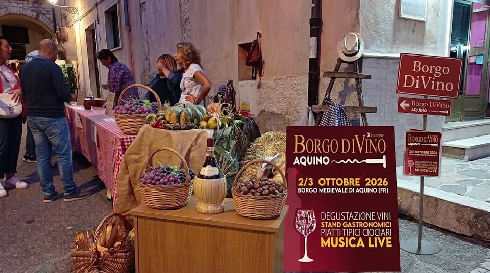 Evento Borgo DiVino, Aquino (FR) Locandina Borgo DiVino, Aquino (FR) - da venerdì 2 ottobre - sabato 3 ottobre 2026 ore 19:00 ore 23:59