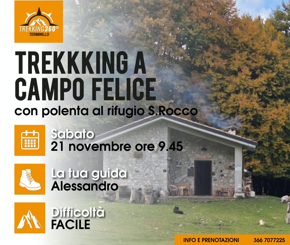 Evento Campo Felice, Trekking con polentata al Rifugio San Rocco Locandina Campo Felice, Trekking con polentata al Rifugio San Rocco - sabato 21 novembre ore 09:30 - 15:00