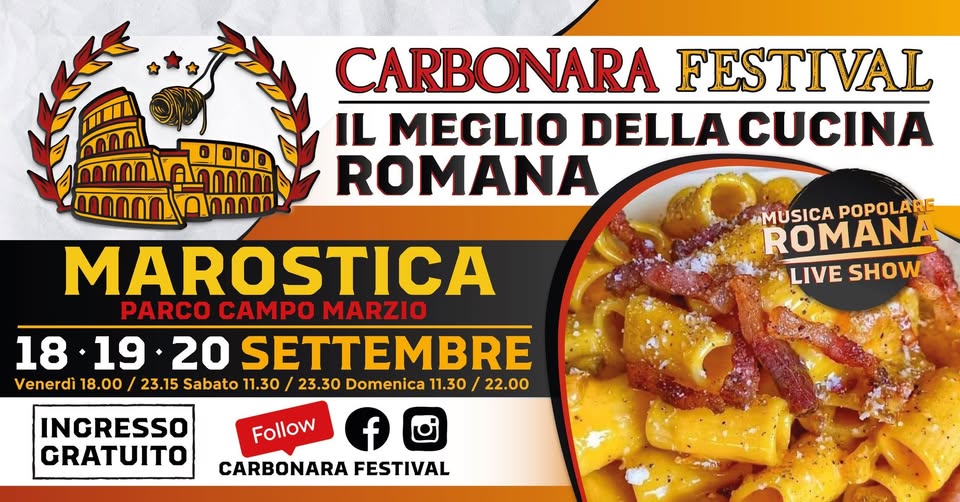 Evento Carbonara Festival Marostica Locandina Carbonara Festival Marostica - da venerdì 18 settembre - domenica 20 settembre 2026 ore 18:00 ore 22:00