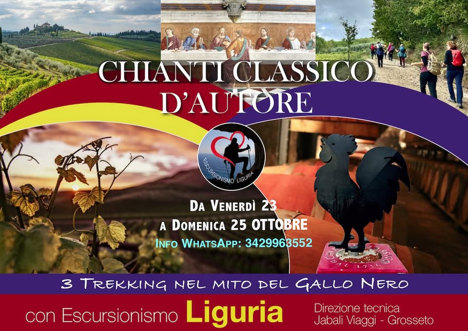 Evento CHIANTI CLASSICO D’AUTORE Trekking nel mito del Gallo Nero e calici d’eccellenza Locandina CHIANTI CLASSICO D’AUTORE Trekking nel mito del Gallo Nero e calici d’eccellenza - da venerdì 23 ottobre - domenica 25 ottobre 2026 ore 15:00 ore 17:15