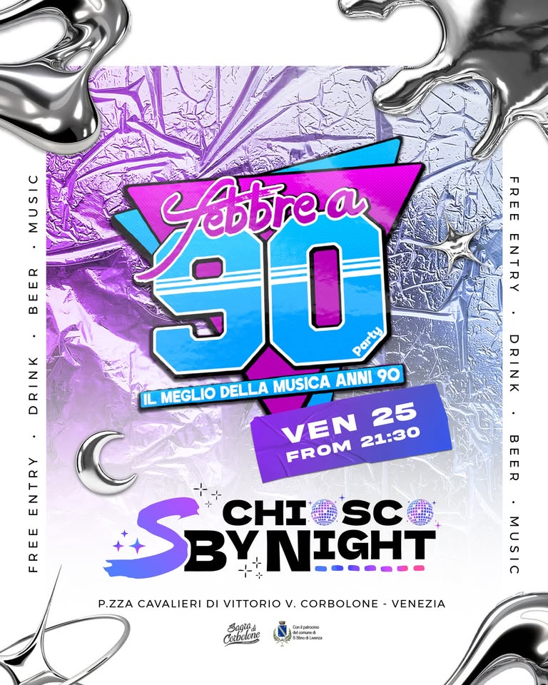 Evento Chiosco SByNight – FEBBRE A 90 Locandina Chiosco SByNight – FEBBRE A 90 - venerdì 25 settembre ore 21:00 - 23:00