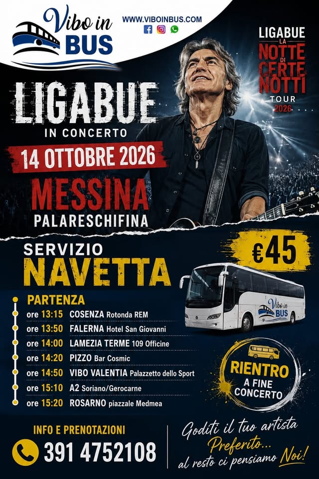 Evento Concerti In Bus Ligabue A Messina Locandina Concerti In Bus Ligabue A Messina - mercoledì 14 ottobre ore 15:00 - 23:30