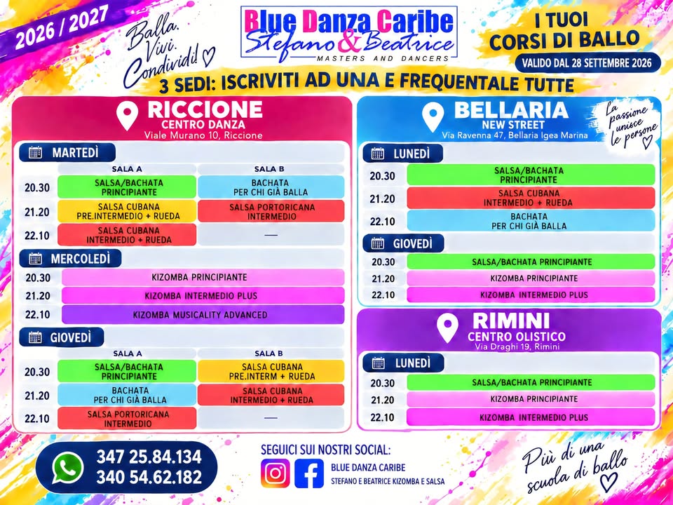 Evento Corsi Di Ballo Salsa Bachata Kizomba – Riccione – Rimini – Bellaria – Igea Marina By Blue Danza Caribe Locandina Corsi Di Ballo Salsa Bachata Kizomba – Riccione – Rimini – Bellaria – Igea Marina By Blue Danza Caribe - da lunedì 21 settembre - domenica 4 ottobre 2026 ore 21:00 ore 00:00