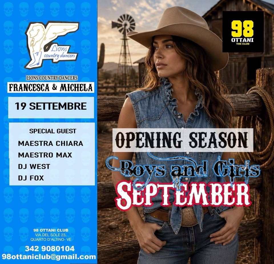 Evento Country Night – Opening Season W – Lions Country Dancers @98Ottani Club Locandina Country Night – Opening Season W – Lions Country Dancers @98Ottani Club - sabato 19 settembre ore 18:00 - 20:00