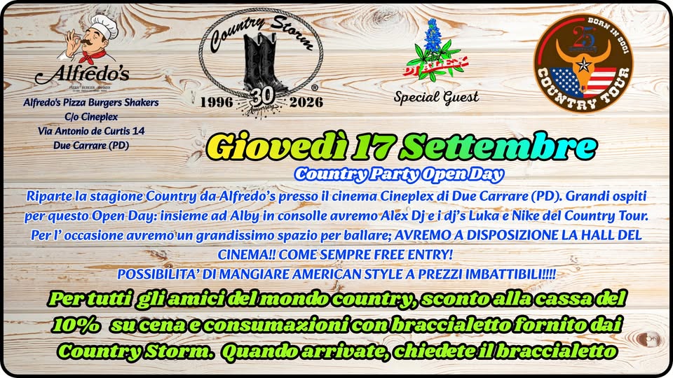 Evento Country Party Open Day Locandina Country Party Open Day - giovedì 17 settembre ore 11:00 - 13:00