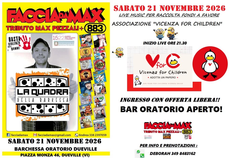 Evento Faccia da Max – Tributo 883&Pezzali@Barkessa Oratorio Dueville VI Locandina Faccia da Max – Tributo 883&Pezzali@Barkessa Oratorio Dueville VI - sabato 21 novembre ore 21:30 - 23:30