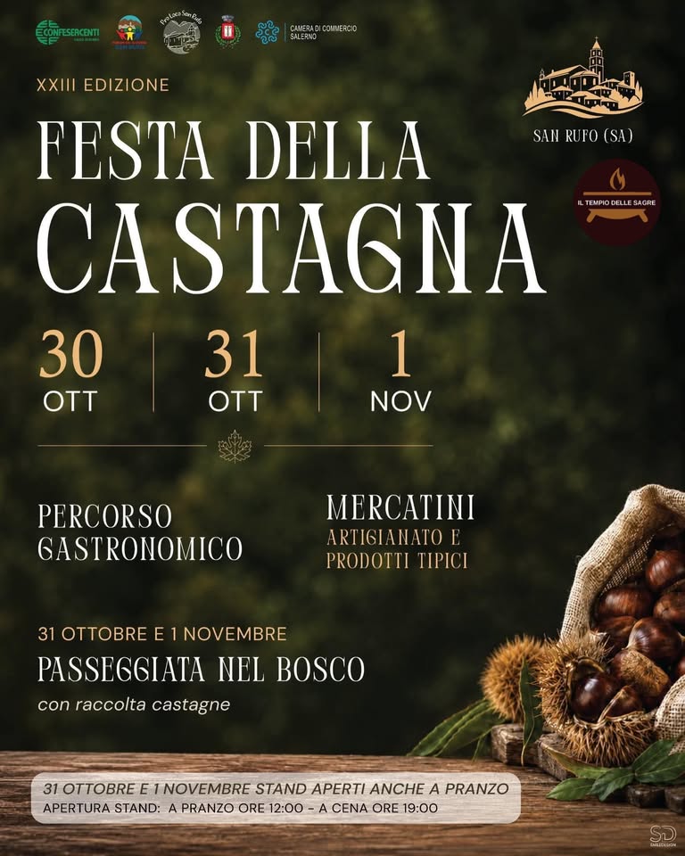 Evento Festa della Castagna San Rufo 23a edizione Locandina Festa della Castagna San Rufo 23a edizione - da venerdì 30 ottobre - domenica 1 novembre 2026 ore 17:00 ore 23:00