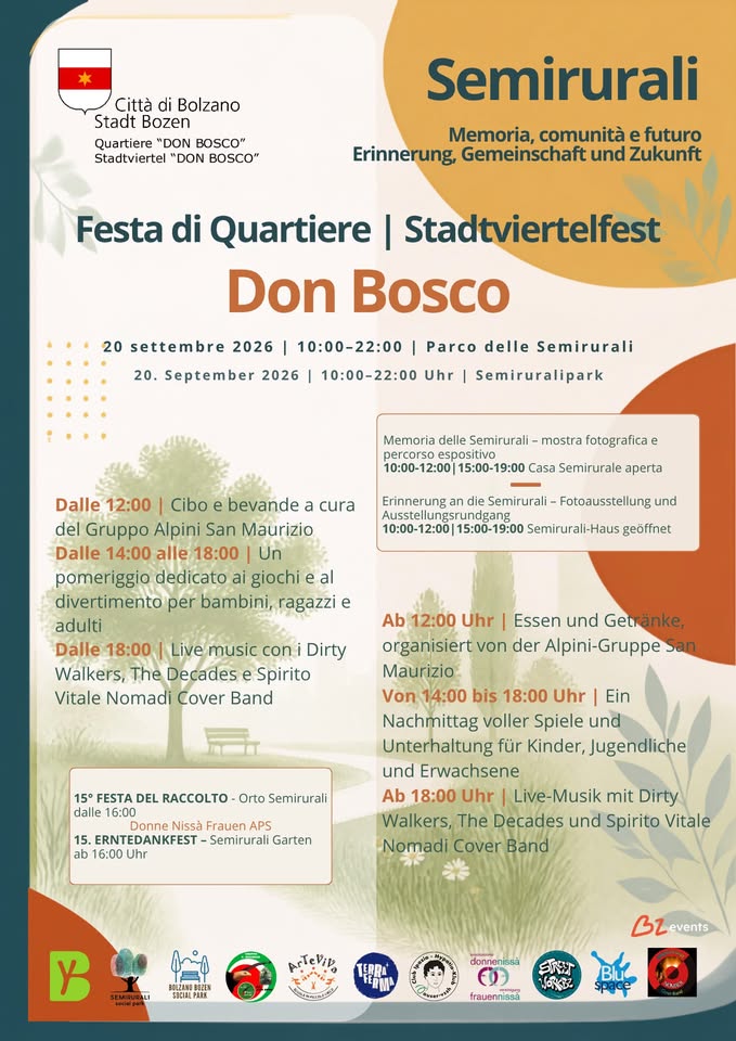 Evento Festa di quartiere Don Bosco – Stadtviertelfest Don Bosco Locandina Festa di quartiere Don Bosco – Stadtviertelfest Don Bosco - domenica 20 settembre ore 10:00 - 22:00