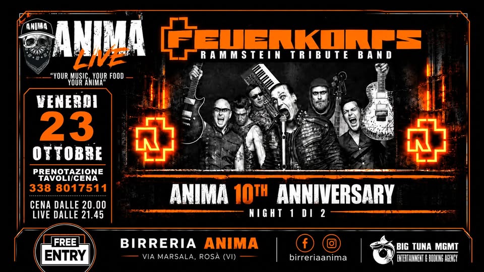 Evento Feuerkorps – Rammstein Tribute @ANIMA 10th Anniversary – NIGHT 01 Locandina Feuerkorps – Rammstein Tribute @ANIMA 10th Anniversary – NIGHT 01 - venerdì 23 ottobre ore 21:45 - 23:45