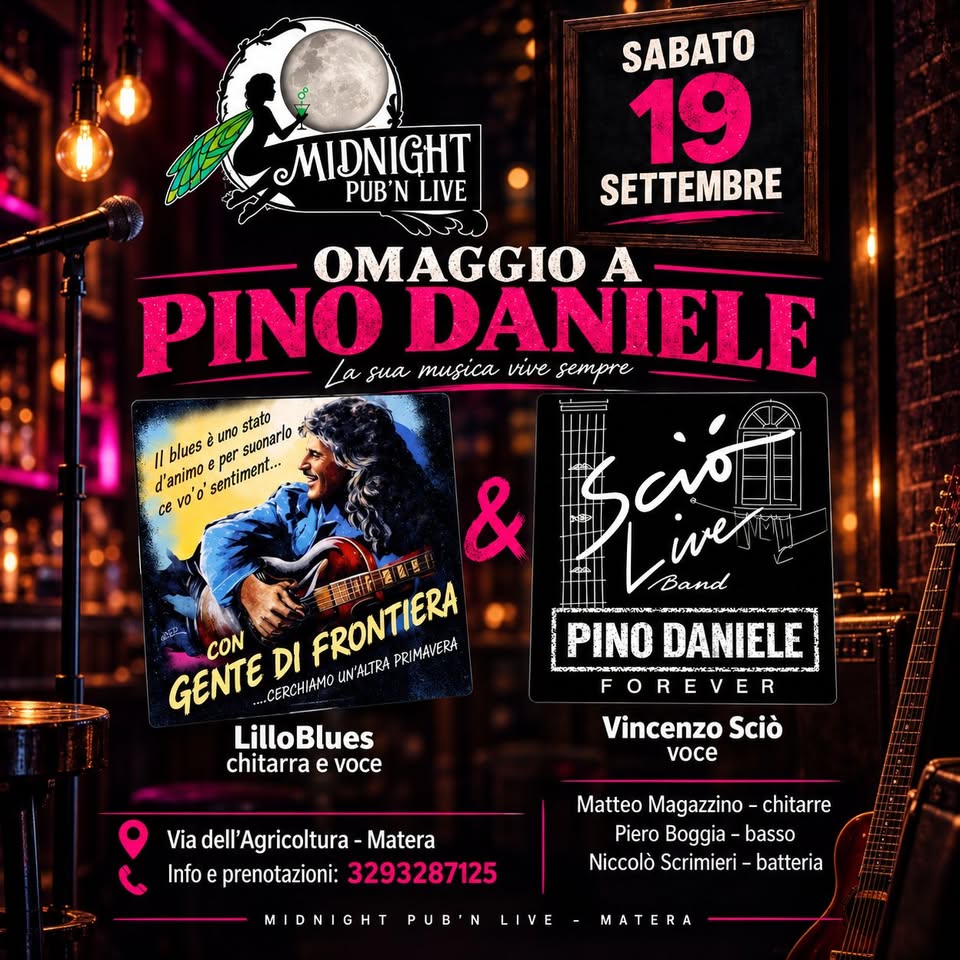 Evento Gente Di Frontiera – Pino Daniele Tribute Band Locandina Gente Di Frontiera – Pino Daniele Tribute Band - sabato 19 settembre ore 22:15 - 00:15