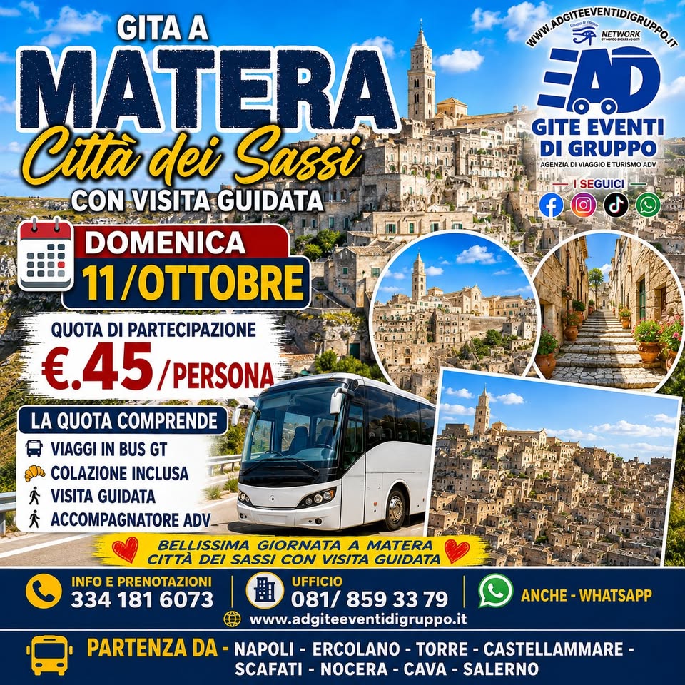 Evento Gita A Matera Città Dei Sassi Con Visita Guidata Domenica 11/Ottobre Locandina Gita A Matera Città Dei Sassi Con Visita Guidata Domenica 11/Ottobre - domenica 11 ottobre ore 05:30 - 20:30