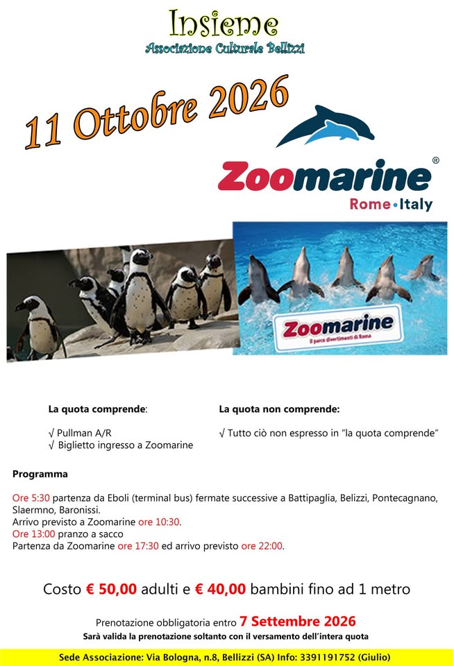 Evento Gita Zoomarine 11 Ottobre 2026 Locandina Gita Zoomarine 11 Ottobre 2026 - domenica 11 ottobre ore 05:00 - 21:00