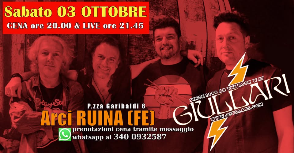 Evento Giullari Cena Live Arci Ruina (Fe) Locandina Giullari Cena Live Arci Ruina (Fe) - sabato 3 ottobre ore 20:00 - 22:00