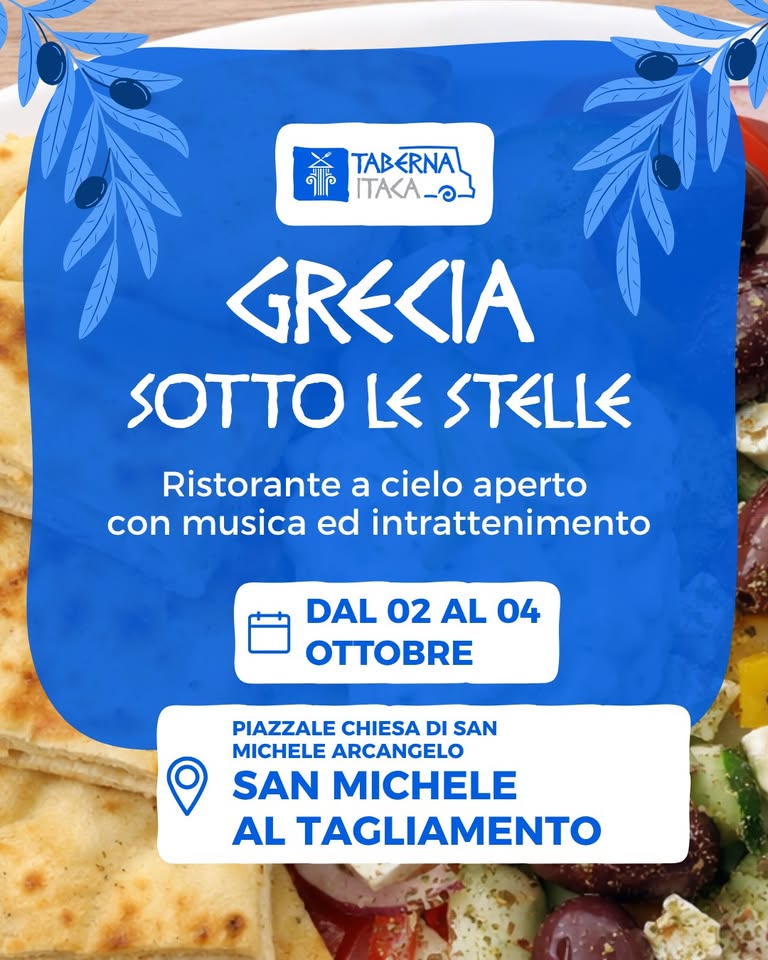 Evento GR Agorà – La Grecia sotto le Stelle a S. Michele al Tagliamento GR Locandina GR Agorà – La Grecia sotto le Stelle a S. Michele al Tagliamento GR - da venerdì 2 ottobre - domenica 4 ottobre 2026 ore 18:30 ore 21:30