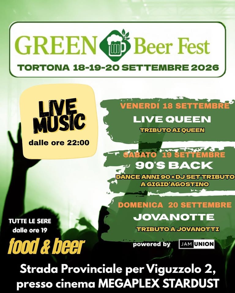 Evento Green Beer Fest – Tortona 2026 Locandina Green Beer Fest – Tortona 2026 - da venerdì 18 settembre - domenica 20 settembre 2026 ore 19:00 ore 23:59