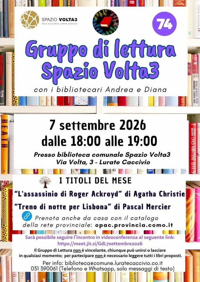 Evento Gruppo di lettura Spazio Volta3 – 74° incontro Locandina Gruppo di lettura Spazio Volta3 – 74° incontro - lunedì 7 settembre ore 18:00 - 19:00