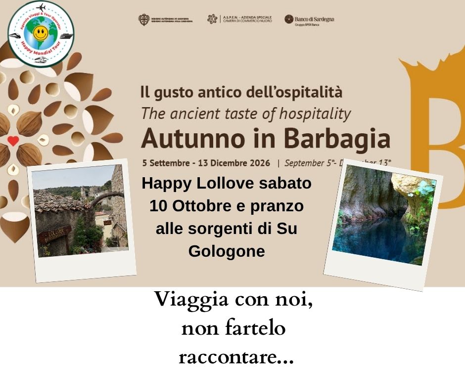 Evento Happy Lollove e pranzo a Su Gologone sabato 10 ottobre a E 65,00 Locandina Happy Lollove e pranzo a Su Gologone sabato 10 ottobre a E 65,00 - sabato 10 ottobre ore 07:00 - 21:00