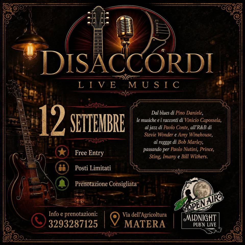 Evento I Disaccordi – Italian & International Cover Band Locandina I Disaccordi – Italian & International Cover Band - sabato 12 settembre ore 22:15 - 00:15