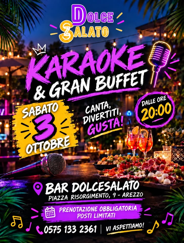 Evento karaoke Night – Dolce Salato Arezzo Locandina karaoke Night – Dolce Salato Arezzo - sabato 3 ottobre ore 22:00 - 00:00