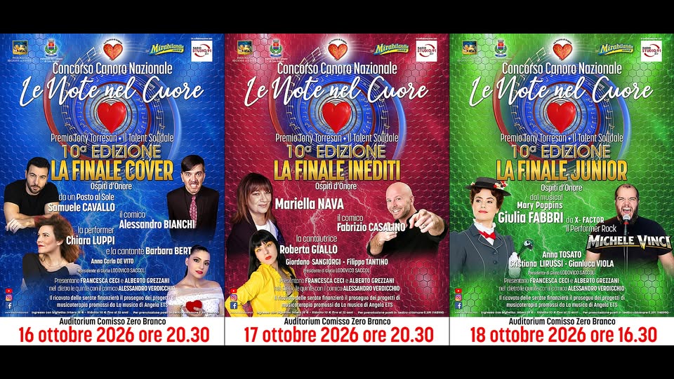Evento LE FINALI – Concorso Canoro “Le Note nel Cuore” 2026 Locandina LE FINALI – Concorso Canoro “Le Note nel Cuore” 2026 - venerdì 16 ottobre ore 17:00 - 19:00