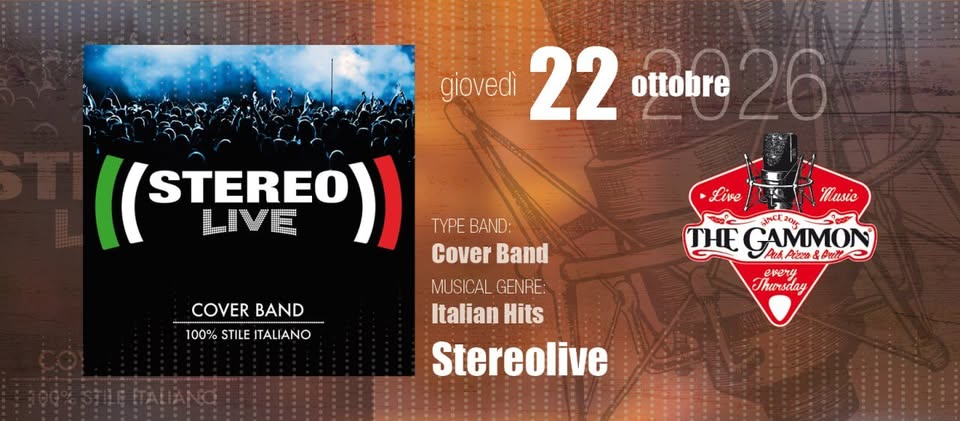 Evento Live Music Giovedì 22 Ottobre “STEREOLIVE” 100 Stile Italiano Locandina Live Music Giovedì 22 Ottobre “STEREOLIVE” 100 Stile Italiano - giovedì 22 ottobre ore 21:30 - 23:30