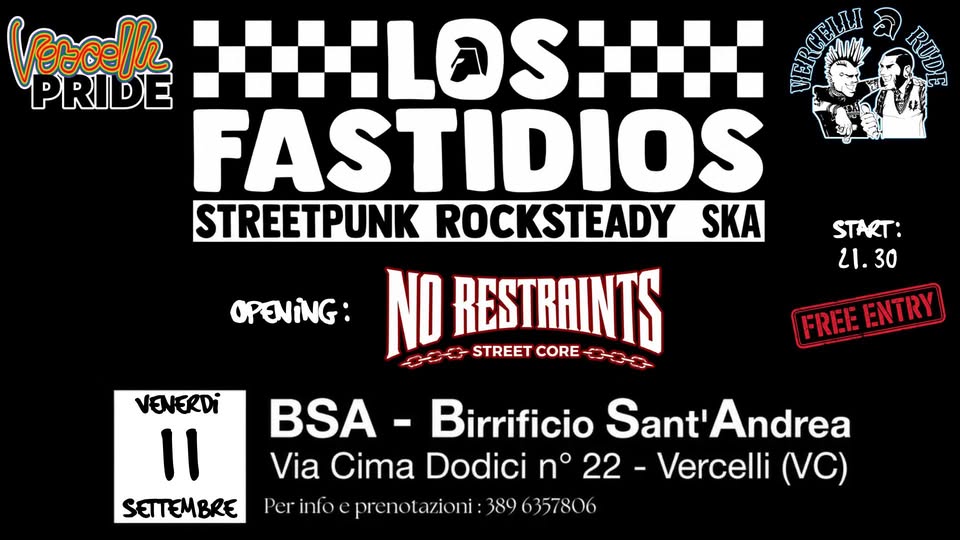 Evento Los Fastidios No Restraints Live @Bsa beer club Vercelli Locandina Los Fastidios No Restraints Live @Bsa beer club Vercelli - venerdì 11 settembre ore 21:00 - 23:00